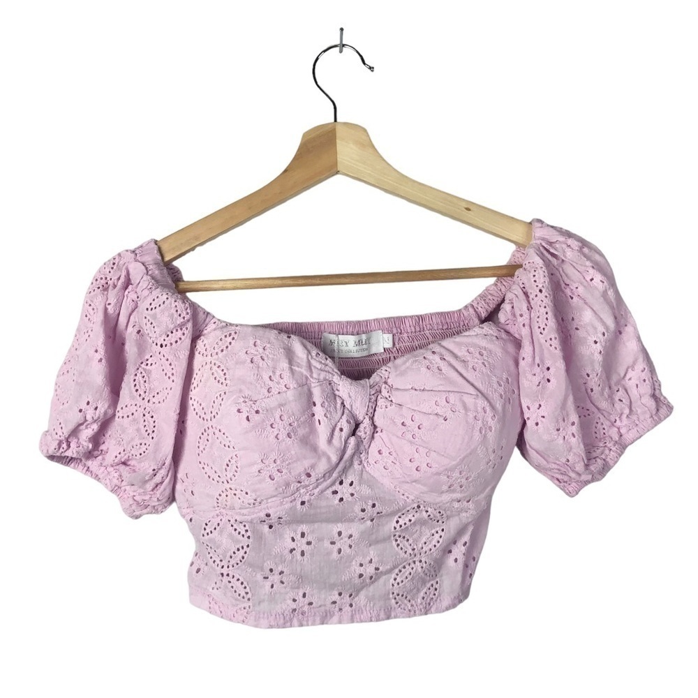 MUY MUY Lilac Purple Eyelet‎ Lace Puff Sleeve Crop Top m